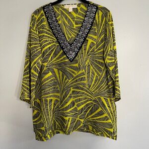 Michael Michael Kors Yellow Black Palm Bead embellished tropical tunic top sz S